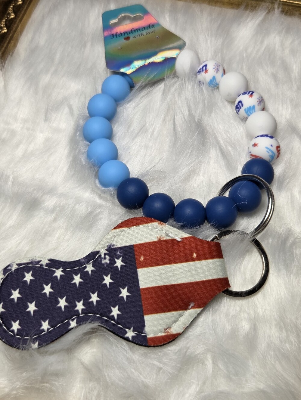 Handmade Silicone Beaded Wristlet Keychain Bracelet Chapstick Holder Flag